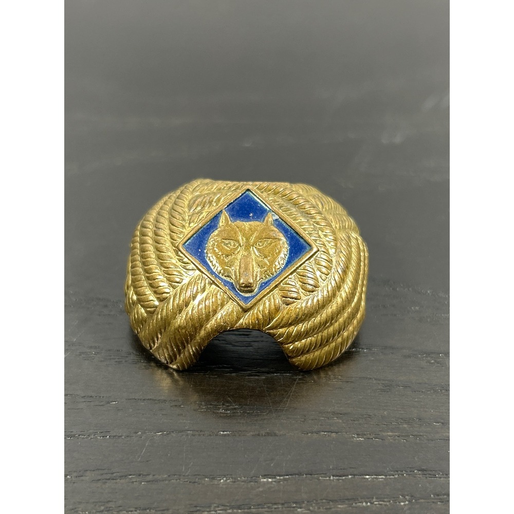 Vintage Boy Scouts of America Cub Scouts Wolf Neckerchief Slide Gold Tone Blue